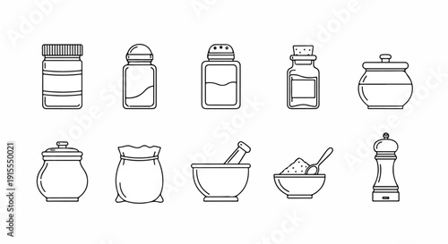 Assorted kitchen containers and utensils for food preparation and storage Vector