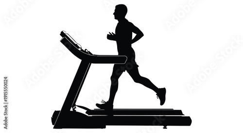 A black silhouette depicts a person running on a treadmill showcasing fitness and exercise with a minimalist design