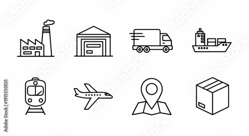 Icons representing various modes of transportation and logistics infrastructure Vector