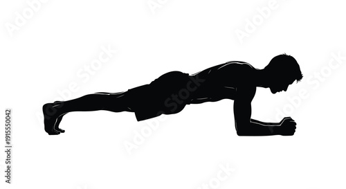 A black silhouette depicts a person performing a plank exercise with a straight body and engaged core muscles silhouette