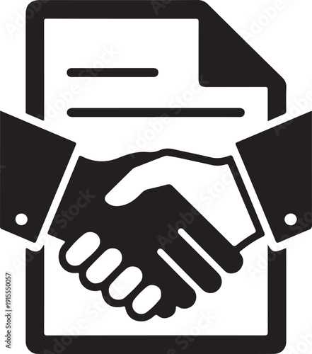 Business contract handshake icon with signed document for legal agreement