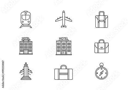 Modern Travel Icons Featuring Transportation Lodging Luggage and Navigation Elements for Voyage Planning Concepts