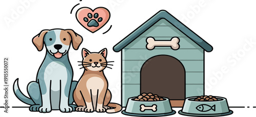 Pet Care Vector Illustration Set Featuring a Cute Dog and Cat Standing by a Blue Dog House with Food Bowls and a Heart Icon