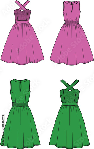 Vector technical fashion illustration of women's sleeveless cocktail dresses with crisscross halter necklines and smocked waist detail in pink and green