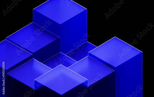 Minimal cubic structure in deep blue tones — contemporary geometric digital artwork