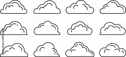 Cloud icon set collection in outline style, different fluffy cloud shapes black vector illustration isolated on white background for weather design