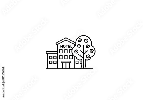 Modern hotel building with blooming tree provides accommodation and lodging services for travelers seeking a comfortable stay and vacation destination