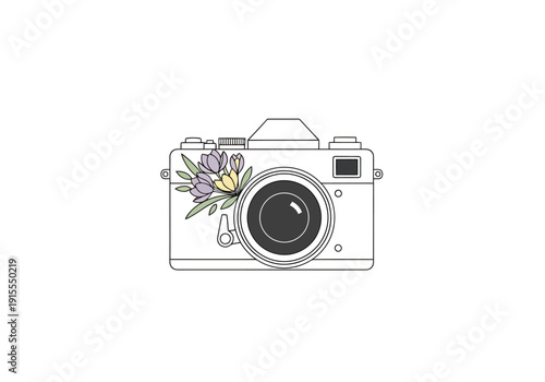 Retro Camera Outline With Delicate Floral Arrangement Celebrating Photography Hobby And Creative Artistry