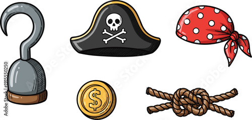 Pirate Adventure Icon Set Featuring Metal Hook Captain Hat with Skull Polka Dot Bandana Gold Dollar Coin and Knotted Rope