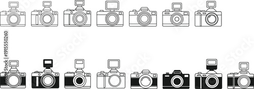 Vintage and Modern Camera Icon Set Collection, Line Art Photography Equipment Illustrations with Flash and Lens Details for Studio, Travel, Blogger, and Creative Design