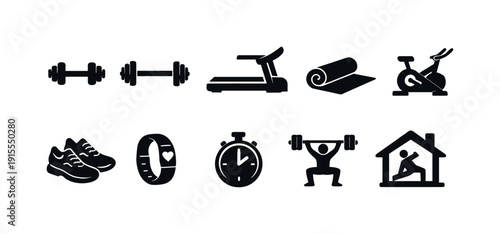 Fitness silhouette icon set. Gym and workout equipment symbols for health enthusiasts