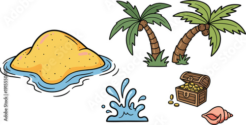 Tropical Island Desert Icon Set Featuring Sandy Dunes Palm Trees Treasure Chest with Gold Coins Water Splash and Sea Shell