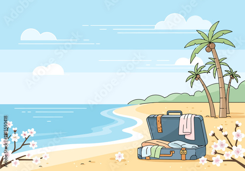 Open suitcase packed with clothes on a sandy beach beside palm trees and a calm ocean under a cloudy sky