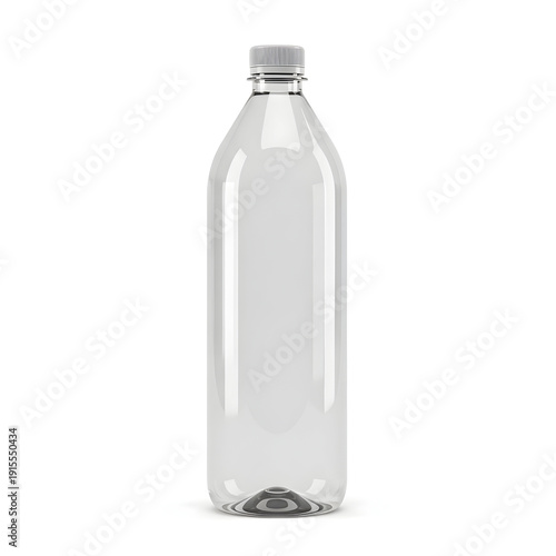 Clear plastic water bottle with screw cap on white background
