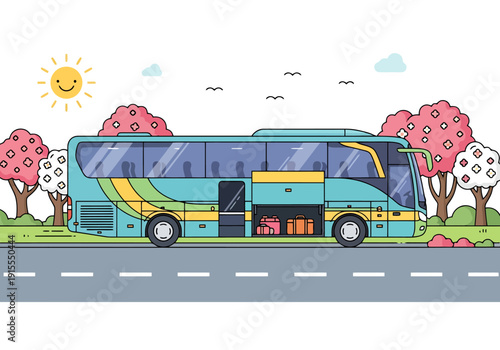 Modern Passenger Coach with Luggage Compartment Open on Roadside during Sunny Day with Trees Background Transportation Concept