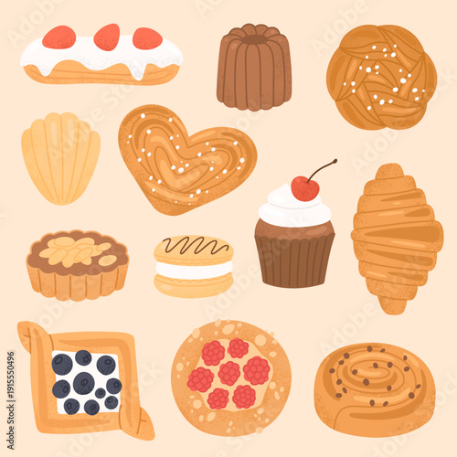 Desserts and sweet pastry collection. Hand-drawn croissant, buns, cupcake, canele, eclair, macaroon set in cartoon style. Vector illustration for bakery menu or greeting card on beige background