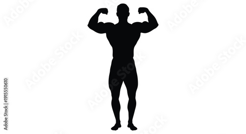 A muscular man s silhouette poses with flexed arms showcasing strength and physique against a stark white background high quality