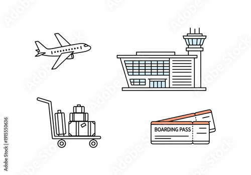 Airport travel set with airplane luggage cart passenger terminal building and boarding pass for journey concept