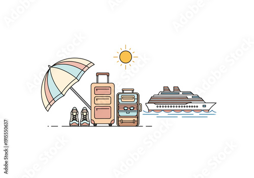 Summer Vacation Cruise Trip Planning Luggage and Ship with Sunny Sky and Beach Umbrella for Getaway Adventure