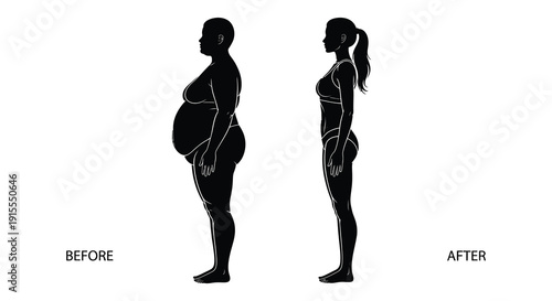 Two contrasting female figures depicted in black silhouette form illustrating a before and after transformation showing weight loss and fitness improvement silhouette