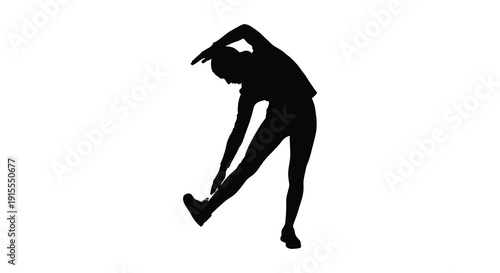 A black silhouette depicts a woman performing a side stretch exercise demonstrating flexibility and fitness on a plain white background