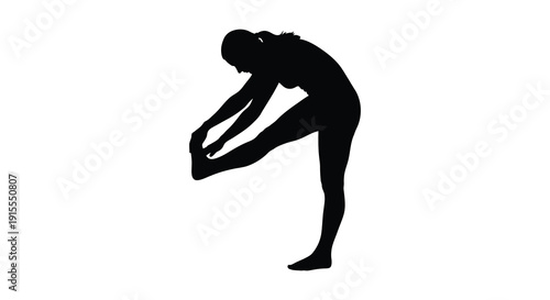 A black silhouette depicts a woman bending over reaching for her foot in a stretching exercise pose against a stark white background