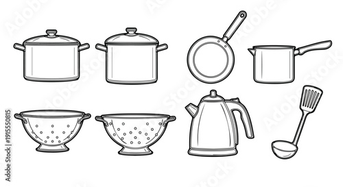 A collection of various kitchen utensils and appliances for cooking and preparing meals. Vector