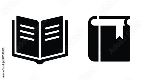 Minimal open book and bookmark icon reading education knowledge library literature learning concept black silhouette symbol flat design