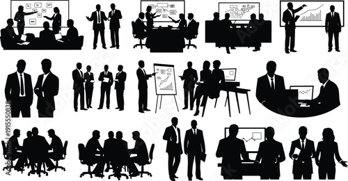 Business people in meeting rooms and offices silhouette