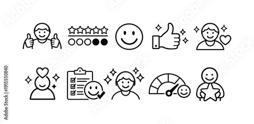 Feedback and review icon set. User satisfaction, rating symbols outline collection