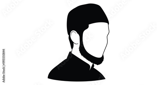 A black and white illustration depicts a man wearing a traditional islamic head covering and beard presented as a striking silhouette