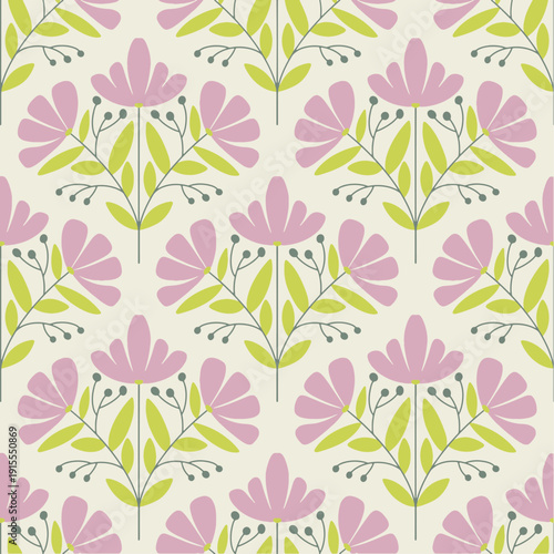 Seamless Pastel Floral Pattern with Pink Flowers and Green Leaves, Modern Scandinavian Botanical Background for Fabric, Wallpaper, Textile, Wrapping Paper, Surface Design