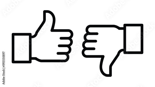 Minimal thumbs up and thumbs down feedback icon like and dislike rating review approval concept black outline hand gesture symbol
