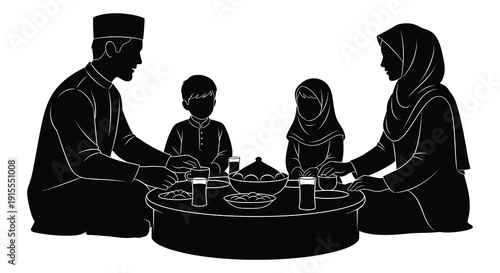 A black silhouette depicts a muslim family seated around a circular table sharing a meal representing cultural traditions and togetherness