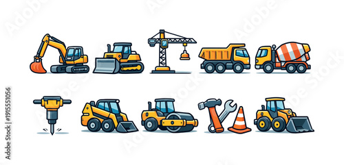 Construction equipment flat icon set. Bulldozer, crane, excavator, tools flat collection