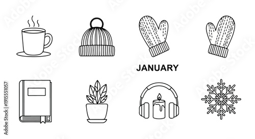 Winter-themed illustrations featuring a cup of tea, hat, mittens, and more Vector
