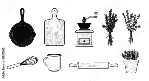 Vintage kitchen utensils and herbs for cooking and baking Vector