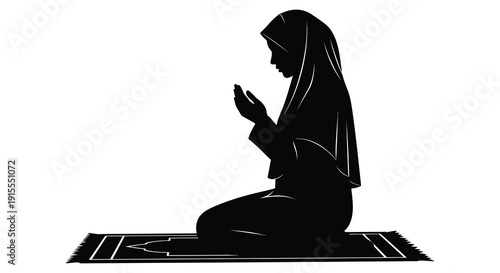 A black silhouette depicts a woman in traditional muslim clothing kneeling on a prayer rug with hands raised in a devout posture silhouette