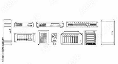 A detailed illustration of various computer components and accessories. Vector