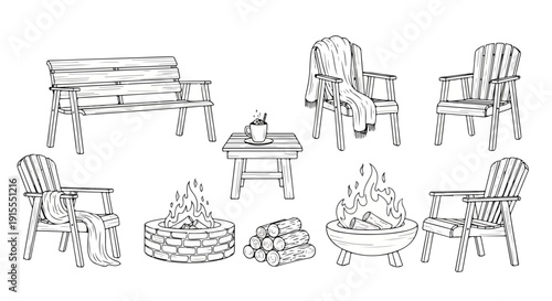 A variety of outdoor furniture including chairs, tables, and benches. Vector