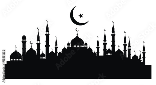 A striking black silhouette depicts a cityscape with numerous mosque minarets and a crescent moon alongside a star creating a peaceful scene