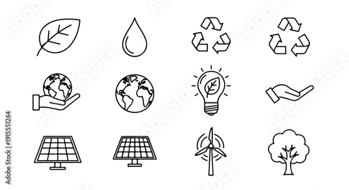 Illustrations of various symbols representing environmental sustainability and conservation Vector