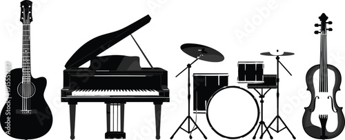 Black silhouettes of acoustic guitar, grand piano, drum set, and violin arranged together, representing diverse musical instruments, perfect for music, design, education, and creative projects.