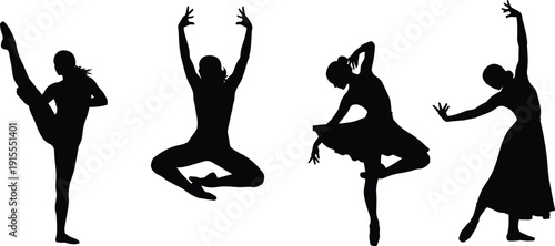 Set of Dancer Silhouette Illustrations Featuring Expressive Ballet and Contemporary Dance Poses Showcasing Flexibility, Balance, and Artistic Movement