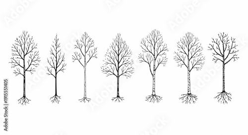 Illustration of seven trees in different stages of growth and seasons. Vector