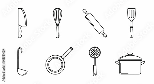 A variety of kitchen utensils and tools for cooking and baking Vector