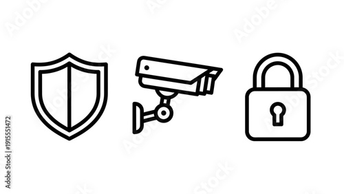 Security and Safety Icons: Surveillance Camera, Shield, and Padlock Representing Protection, Privacy, and Access Control