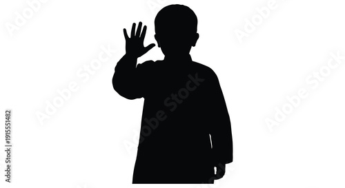 A black silhouette depicts a young child raising one hand in a gesture of stopping or greeting against a stark white background