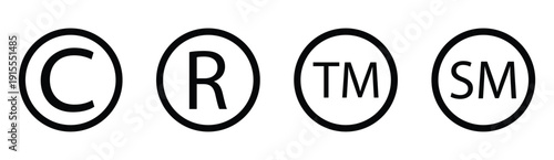 Copyright registered trademark and service mark symbols in black circles isolated on white background for legal documentation