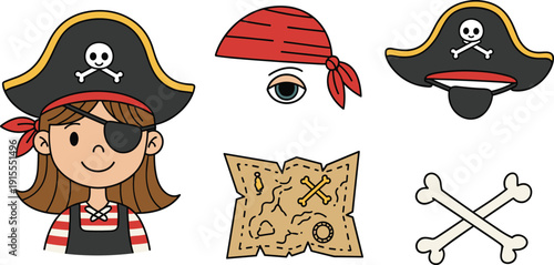 Cute Pirate Girl Character Set Featuring Captain Hat with Skull and Crossbones Eye Patch Treasure Map and Red Bandana Icons